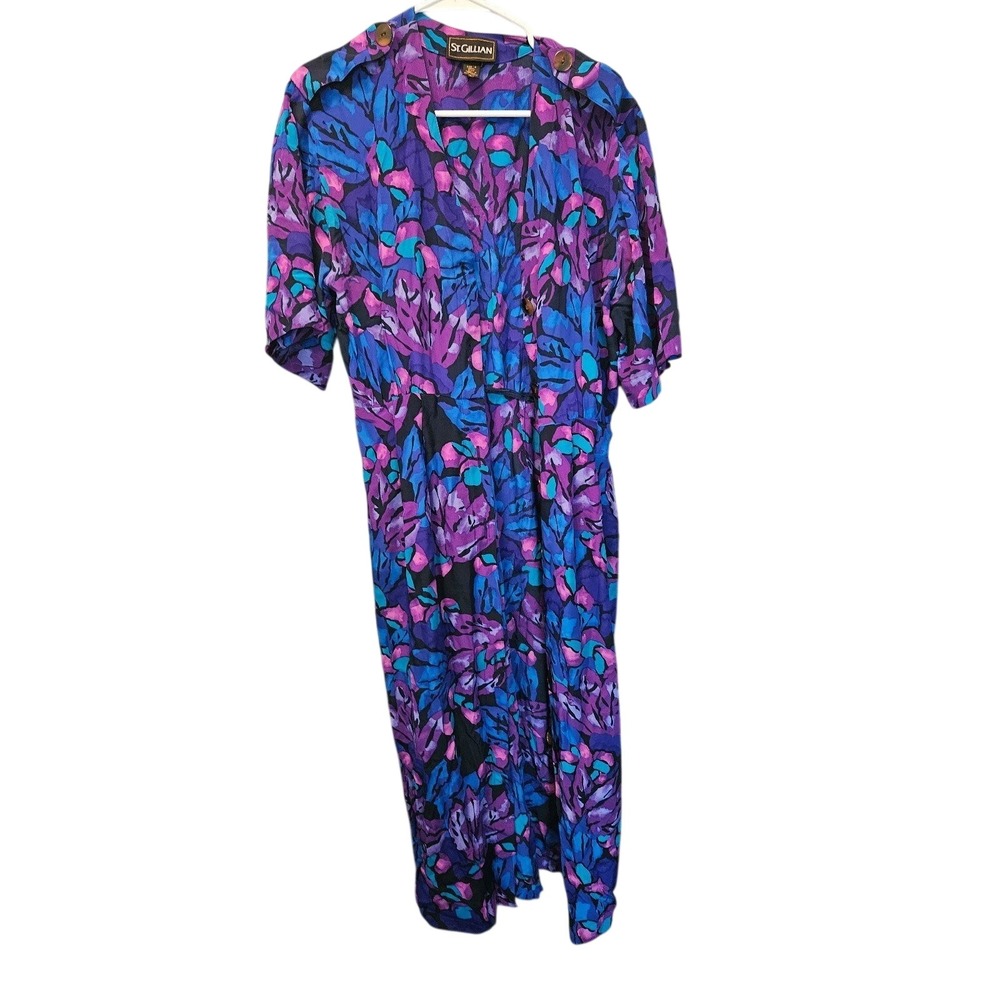 St Gillian Floral Print Midi Dress Button Front Short Sleeve Purple Size M